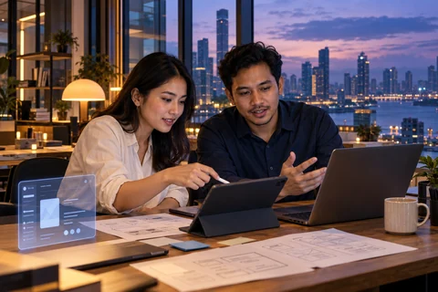 Illustration of two professionals reviewing an application design with a laptop and tablet